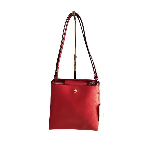 NWT Tory Burch Emerson Bucket Bag Red Saffiano Leather Bearberry Crossbody - Picture 6 of 16
